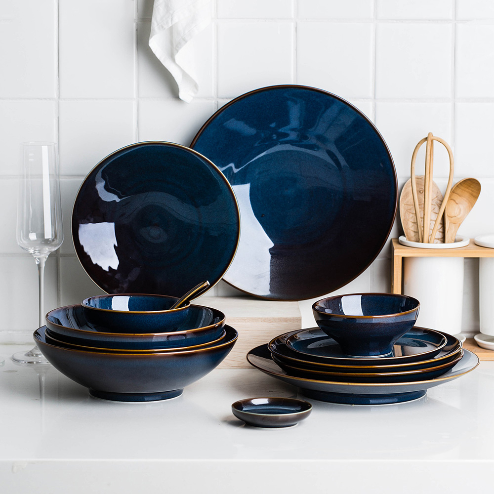 Cheapest Price  Blue Ceramic Dinnerware Sets - luxcery 1-2-4-6 Person Dinner Set  Deep Blue Color Ceramic Retro Glazo dinnerware set – Win-win