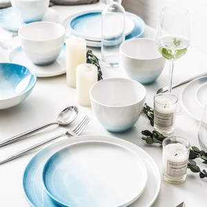 Nordic Gradient Blue Color Ceramic Plate Bowl Cup Set Fruit Dish Plate