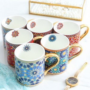 Vintage Texture Coffee Mug with Gold Handle Moroccan Style Ceramic Tea Water Mug for Mom Women Mothers Girls Wedding Gift 300ml