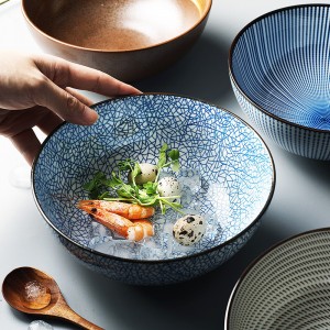 8 inch ceramic noodle bowl striped design big soup bowl restaurant household retro tableware