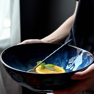 Ceramic Bowl Noodle Soup Ramen Bowl Cutlery Fruit Salad Bowl Dark Blue Set