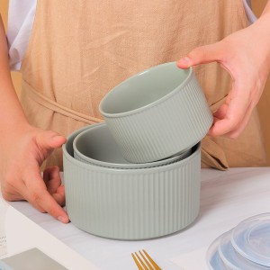 Win-win Line Embossed Bow with lid Ceramic Bowl Solid color Micro Wave Fresh Bowl