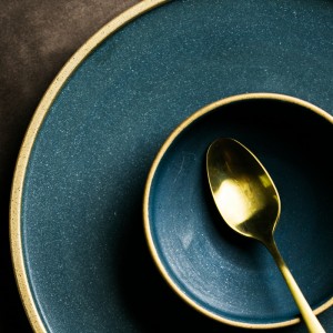 Ceramic gold edge steak dish rice bowl golden slim dinner plate
