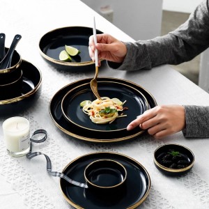 Pink Black Gold Inlay  Ceramic Dinner Plate Tableware Porcelain Bulk salad bowl dinner set