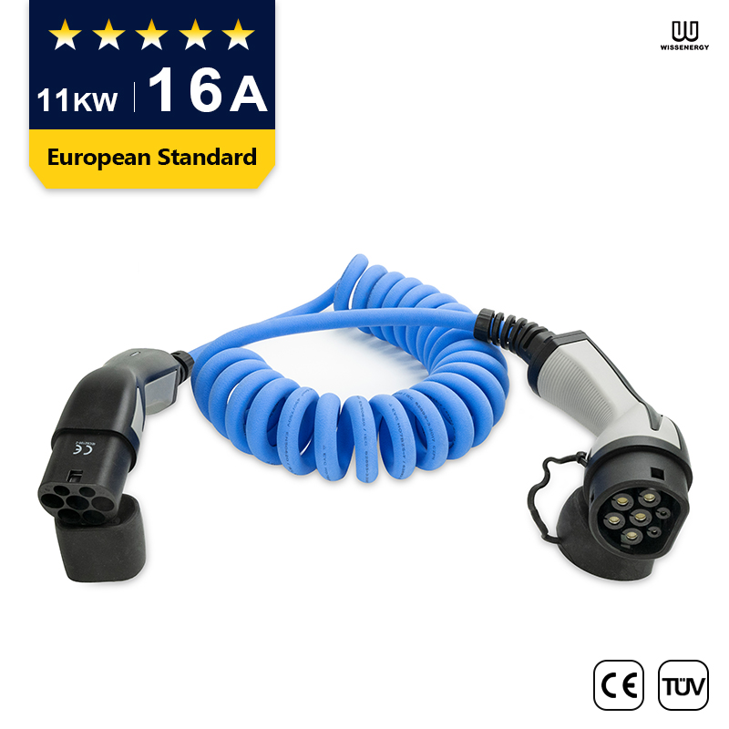 EV Cable (16A 3 Phase 11KW) With 16ft/5m Type 2 Female To Male Extension  Cable，Spring Charging Cable Featured Image