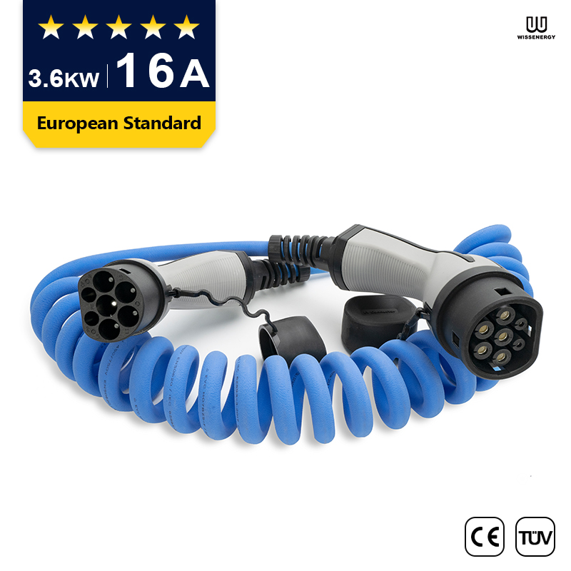 EV Cable (16A 1 Phase 3.6KW) With 16ft/5m Type 2 Female To Male Extension  Cable，Spring Charging Cable Featured Image