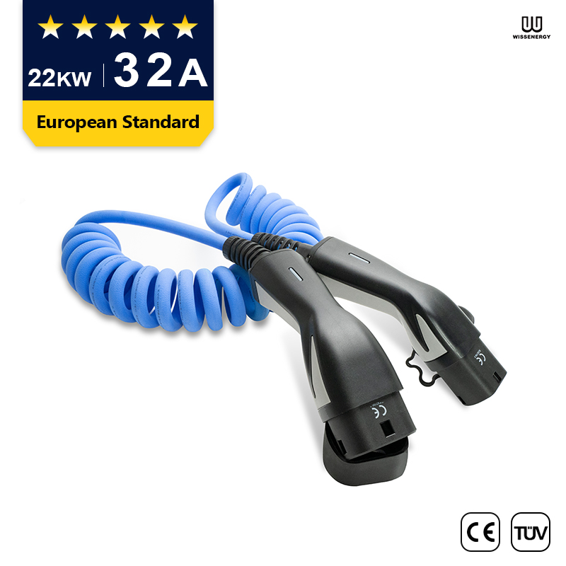 EV Cable (32A 3 Phase 22KW) With 16ft/5m Type 2 Female To Male Extension  Cable，Spring Charging Cable Featured Image
