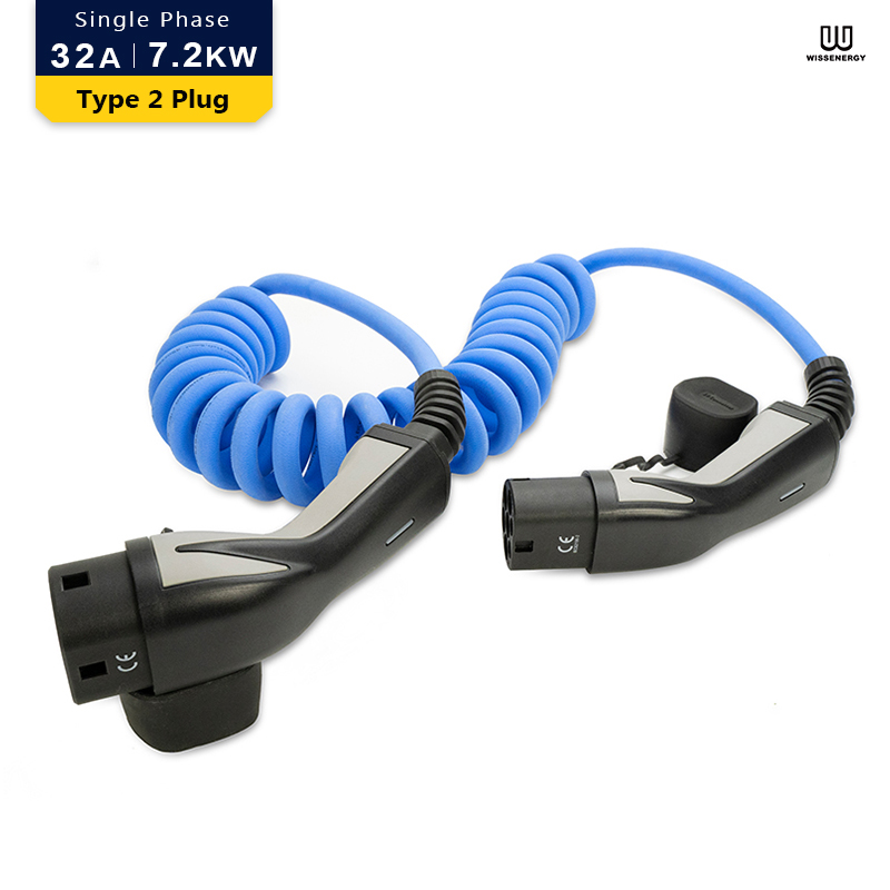 EV Cable (32A 1 Phase 7.2KW) With 16ft/5m Type 2 Female To Male Extension  Cable，Spring Charging Cable