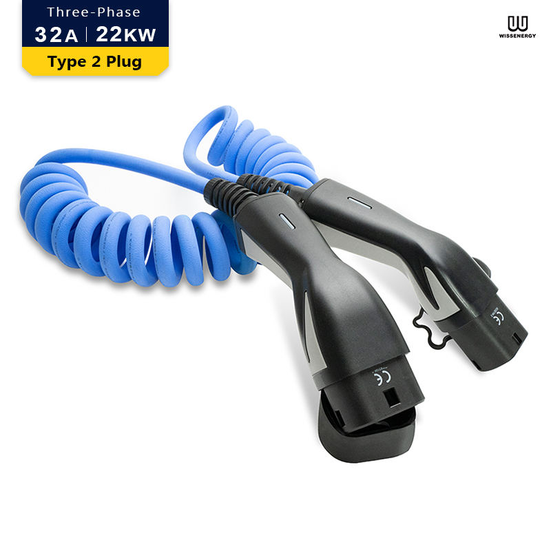 EV Cable (32A 3 Phase 22KW) With 16ft/5m Type 2 Female To Male Extension  Cable，Spring Charging Cable Featured Image