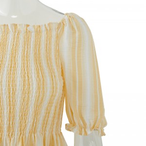 2 Colorway Puff Sleeve o Neck Short Sleeve Stripe Yarn- Dye Women’s Blouse & Shirts Casual Clothing