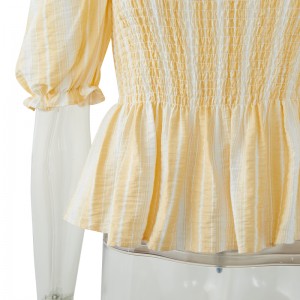 2 Colorway Puff Sleeve o Neck Lengan Pendek Stripe Benang- Ngawarnaan Blus & Kaos Awéwé Baju Kasual