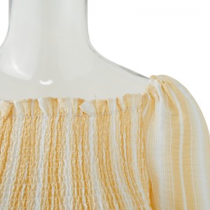 2 Colorway Puf Kol o Yaka Kısa Kol Çizgili İplik Boya Kadın Bluz ve Gömlek Günlük Giyim