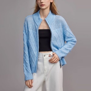 Plavi šuplji dizajnerski osjećajni pleteni kardigan s dvostrukim patentnim zatvaračem, novi ženski pulover za proljeće/ljeto 2024.