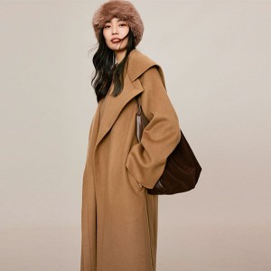 デザインセンスラペルプロファイルウエストキャメルカシミヤ両面オーバーコート女性 2023 冬コート新しい coatt
