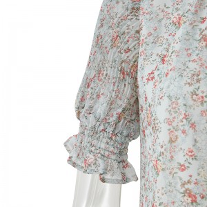 2022 Floral Chiffon Blouses sa mga Babaye nga Summer Wear 100% Polyester Short-Sleeved Shirts Tops