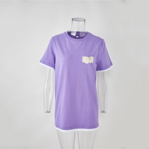 T-shirt me porosi organike pambuku vjollcë e butë bluzë e rëndë për femra o qafë me buzë të lakuar