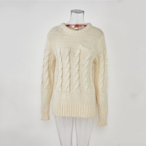 Prilagođeni zimski pleteni ženski pulover od pamuka i poliesterske vune s okruglim izrezom i kašmirom