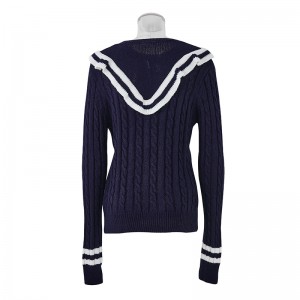 Modesch Long-sleeve V-Hals Sweater Navy a Wäiss Schoul Sweater Designs
