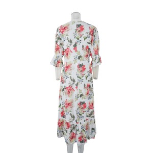 Novo vestido de gasa primavera-verano para mulleres con escote en V e mangas con volantes Vestidos estampados Sweet Print Slim