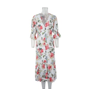 New Spring Summer Chiffon Dress Women V-Neck Ruffle Sleeve Print Dresses Sweet Print Slim