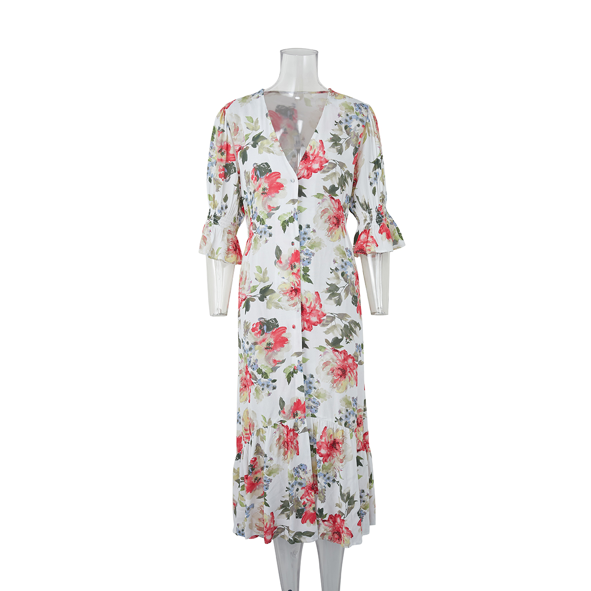 New Spring Summer Chiffon Dress Women V-Neck Ruffle Sleeve Print Dresses Sweet Print Slim Featured Image