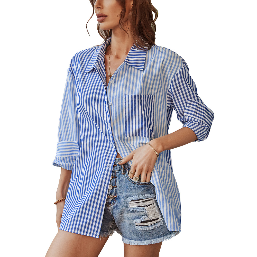 China wholesale Knit Dress - independent research and development design of the united states station amazon long shirt 2022 spring summer long sleeve stripe top temperament commuting – Worldu