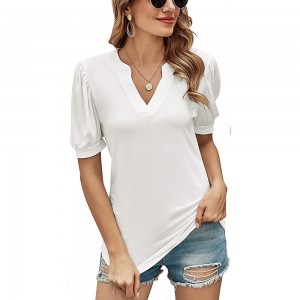 2022 Europe And The United States Cross-border Summer New Solid Color Women’s Top Casual Fashion V-neck Loose Puff Sleeves Short Sleeves T-shirt