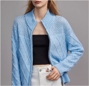 Синя куха дизайнерска жилетка с двоен цип, плетена дамска жилетка за пролет/лято 2024, нов пуловер за ниша за вятър