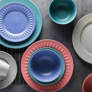matte color glaze emboss stoneware tableware set