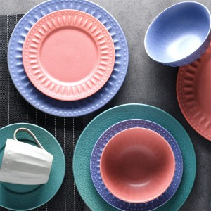 matte color glaze emboss stoneware tableware set