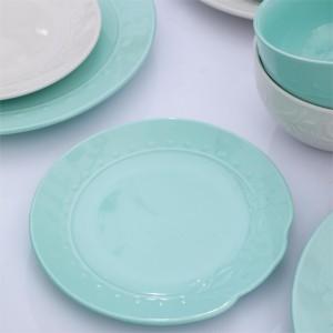 Color glaze emboss design white porcelain tableware set