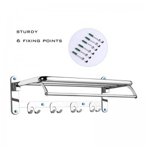 Foldable Towel Rack for Bathroom Wall Mounted, with Towel Hooks and Adjustable Towel Bar,304 Stainless Towel Holder, chrome