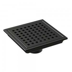 6 Inch Square Shower Floor Drain With Flange Quadrato Pattern Grate Removable Food-grade SUS 304 Stainless Steel Matte Black