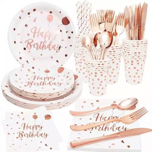 White and Rose Gold Party Supplies Serves Rose Gold Happy Birthday Paper Plates Napkins Cups for Wedding Bridal Baby Shower