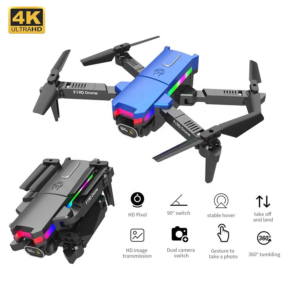 F190 Colorful Night Light 10Mins Time FPV 4K Drone Dual Camera Wifi Quadcopter With Gravity Sensor