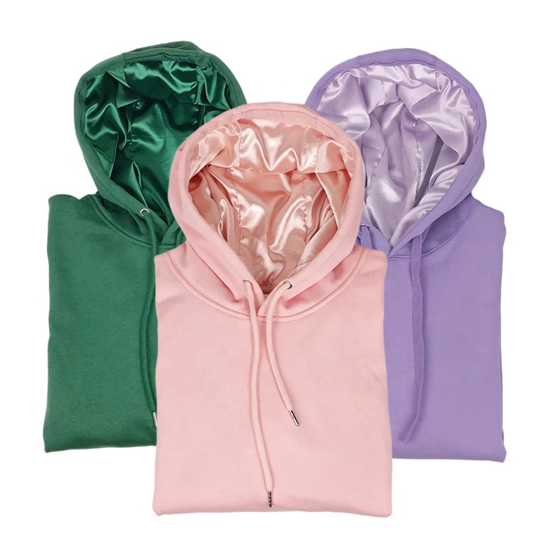Pasgemaakte groothandel geborduurde logo Unisex-hoodie Satyn-gevoerde hoodies met satyn-hoodie