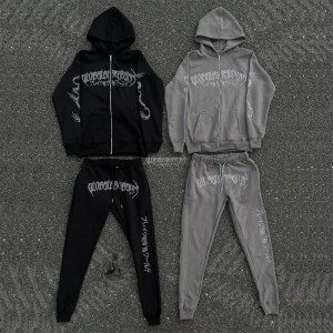Custom rhinestone logo sweat suit sportswear black 2 pcs sweatpants and zip up hoodie set unisex sweatsuit tracksuits for men