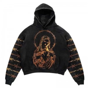 manufacture high quality distressed acid washed sunfade skull printed oversized unisex streetwear men hoodies