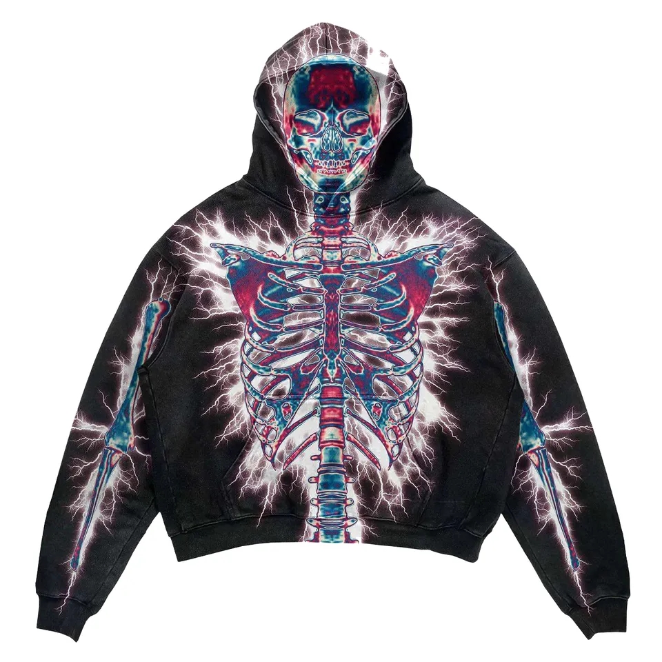Hoodles Custom 100% Cotton Skeleton DTG Print French Terry Hoodies Oversize Vintage Washed Distressed Hoodies for Men