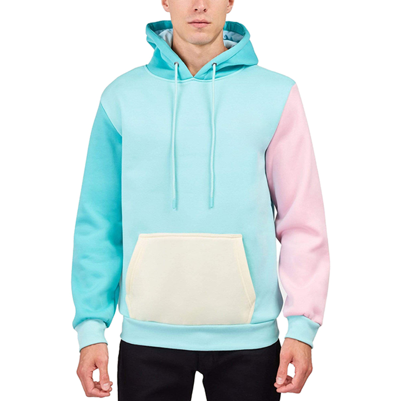 ຂາຍສົ່ງ Custom Logo Cut and Sew Patchwork Pullover Multi Color Block Hoodie for Men