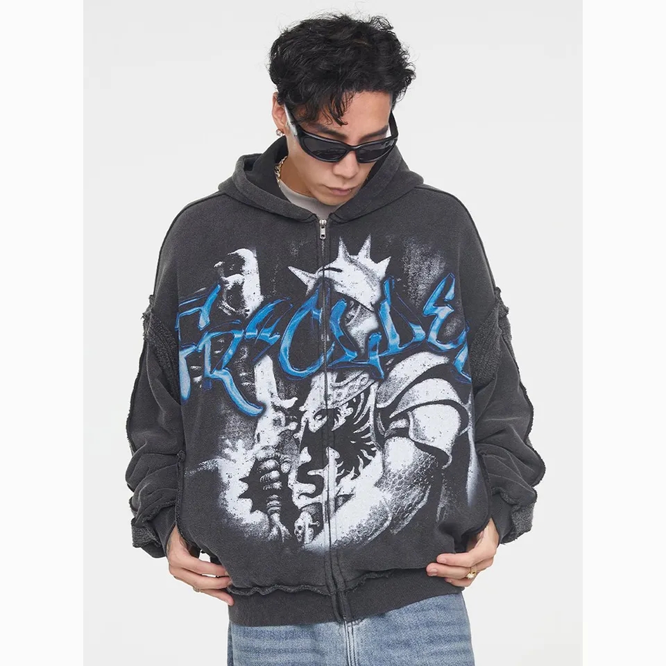 Grosir logo kustom french terry hoodie berat berat cetak digital acid wash raw edge hoodie zip up vintage hoodie untuk pria