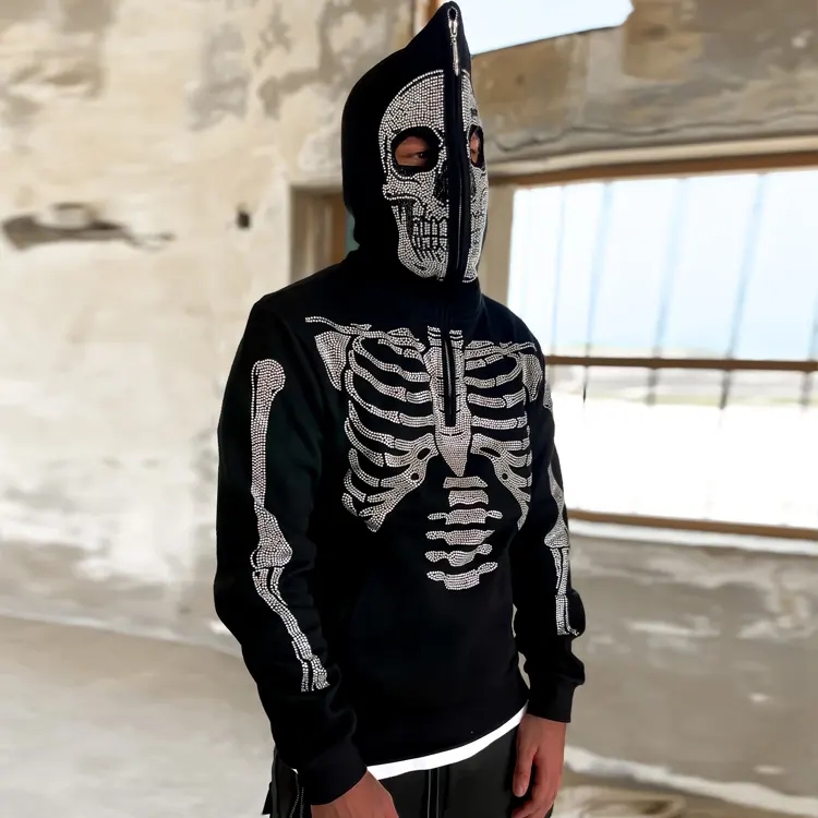 wholesale oversized black men embroidery high quality skeleton full face zip up hoodie over face rhinestone custom zip hoodi