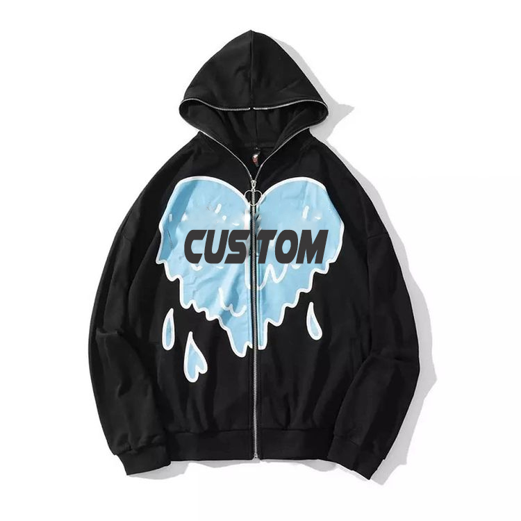 manufacture high quality 100% cotton streetwear oversized puff print full zip up hoodies