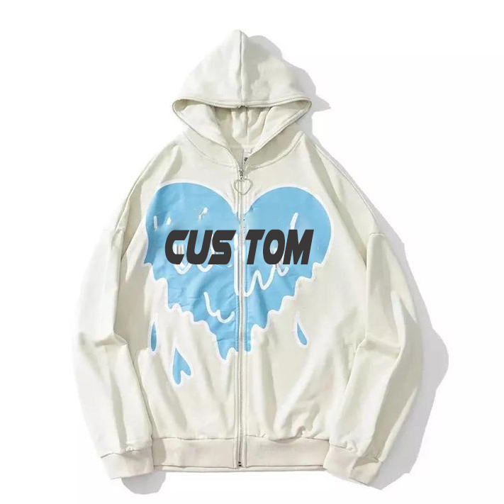 ຂາຍສົ່ງເຄື່ອງກິລາທີ່ມີຄຸນະພາບສູງ custom streetwear logo puff printing dgt print full face zip up hoodies for men
