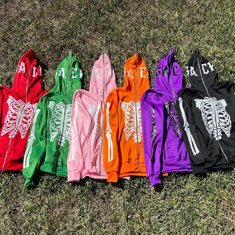 Προσαρμοσμένη εκτύπωση σκελετού με λογότυπο κενό vintage βαρέων βαρών υπερμεγέθη κουκούλα χονδρικής French terry full zip up hoodie