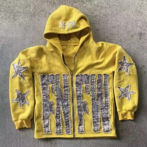 Custom Manufacturer 400Gsm Heavyweight Thick Distressed Cut And Sew Vintage Embroidery Patch Men Acid Wash Zip Up Hoodie