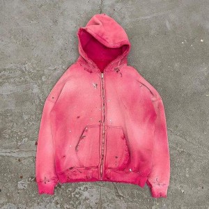 OEM Customs 100% Cotton Heavyweight Acid Wash Vintage French Terry Distressed Pink Sun Faded Zip Up Hoodie