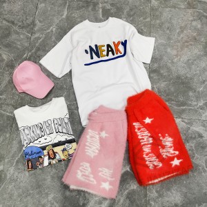 high quality streetwear custom logo print tshirt and shorts sets two piece set mohair shorts knitted pants