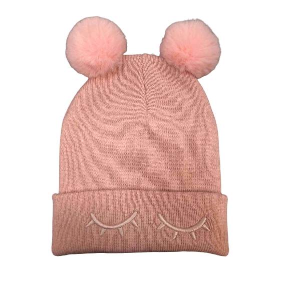 kids-cute-pink-embroidery-knit-turn-up-cuff-hat-with-2-poms