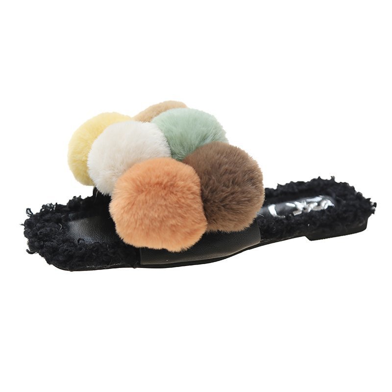 Colored fur ball flat slippers